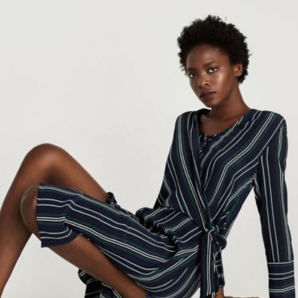 ZARA Striped Split Hem Dress Front Tie Navy Blue Small